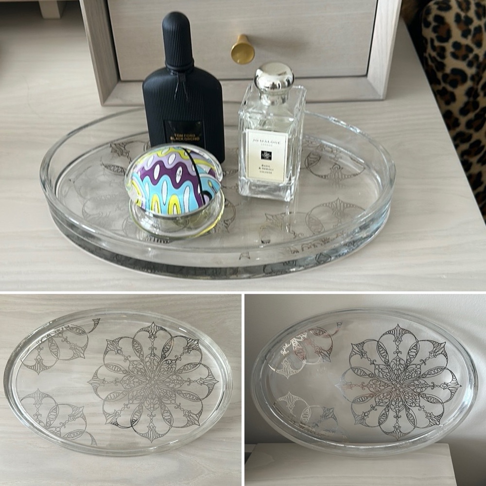 Oval vanity/display tray, gunmetal metallic lacy design, heavy clear glass